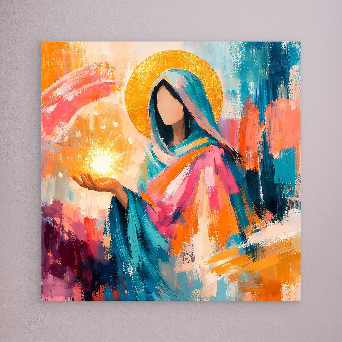 Wandbild: Mariafigur mit Heiligenschein und leuchtender Kerze, hell gerahmt