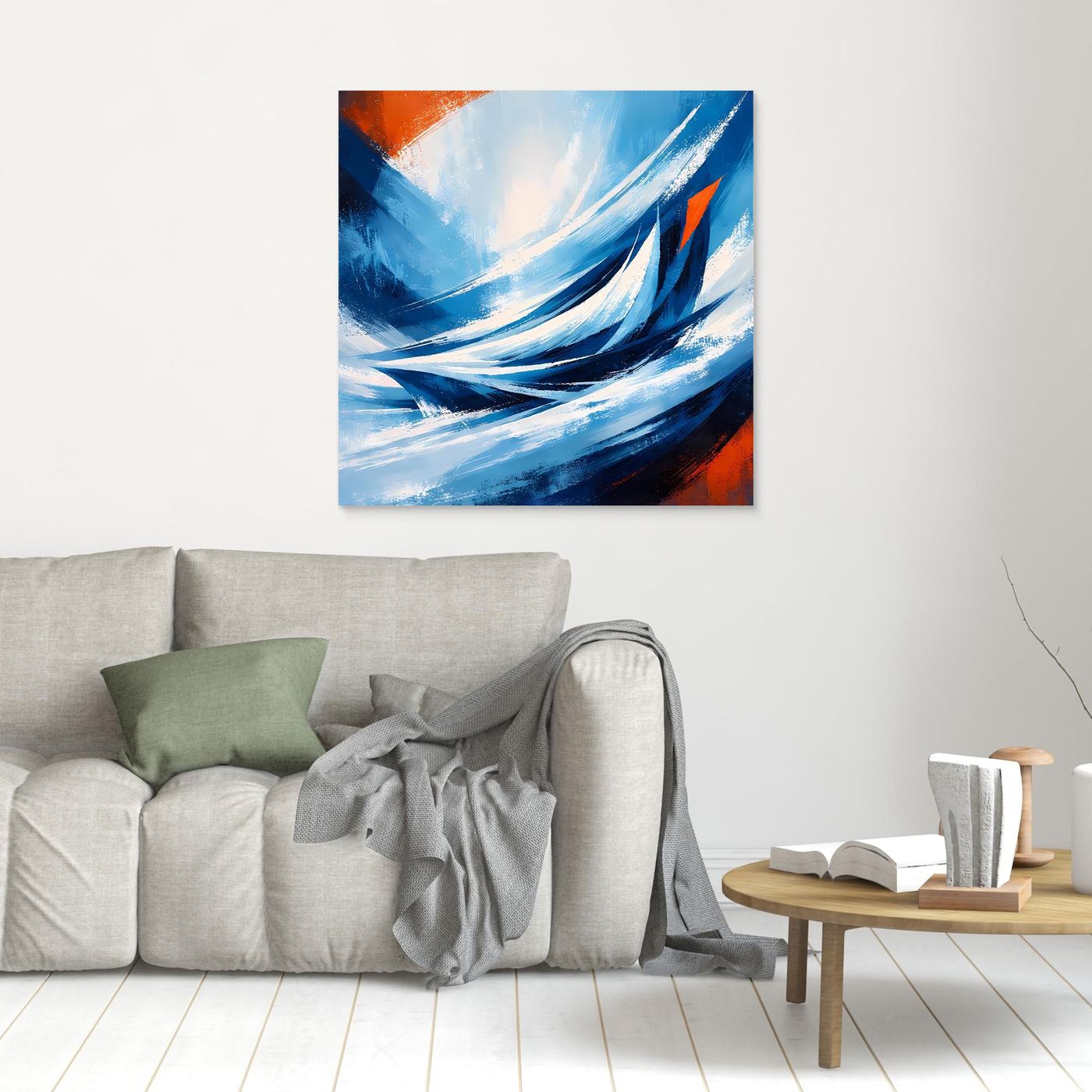 Abstraktes Leinwandbild mit Wellen in Blau und Orange, quadratisch ohne Rahmen.