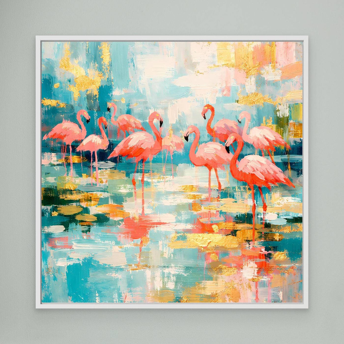 Leinwandbild mit abstrakten Flamingos im bunten Farbverlauf, weiß gerahmt