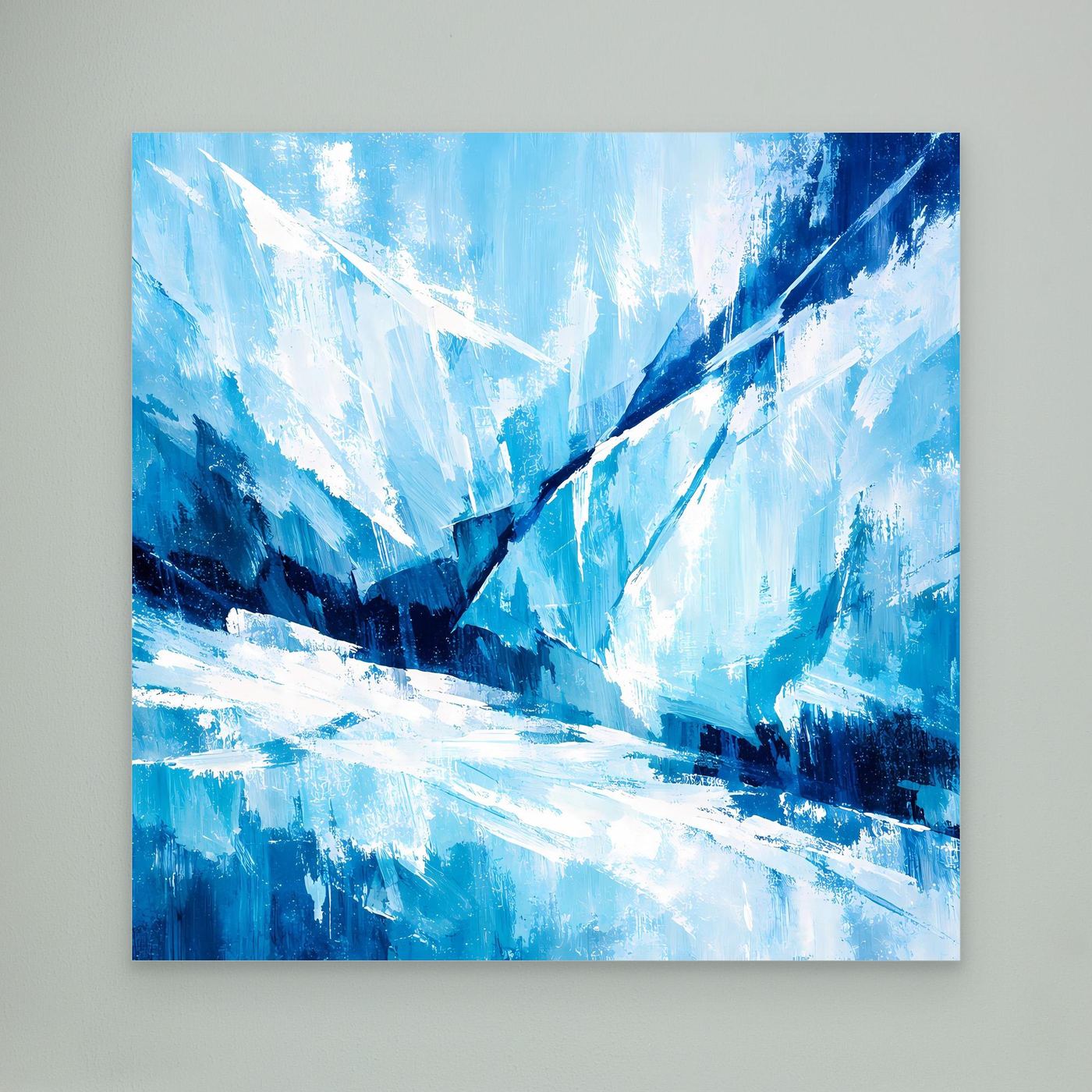 Leinwand-Wandbild mit abstraktem Gletschermotiv in Blau und Weiß, ohne Rahmen