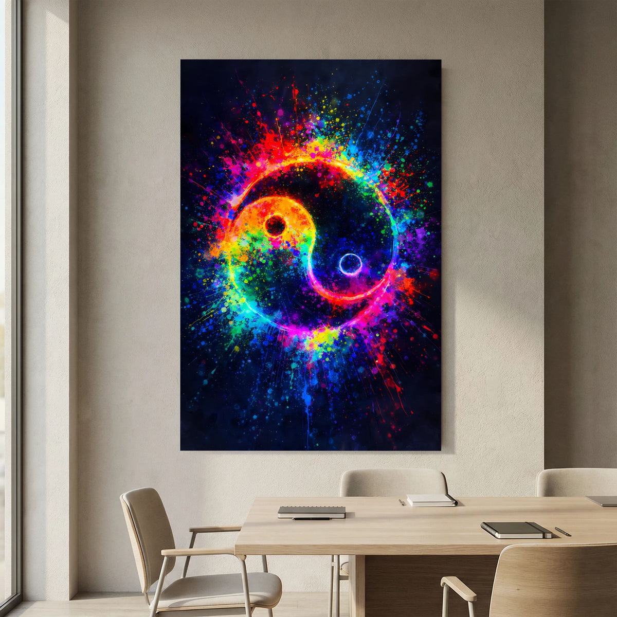 Yin-Yang-Hochformatposter mit farbigen Spritzern um die Yin-und-Yang-Formen