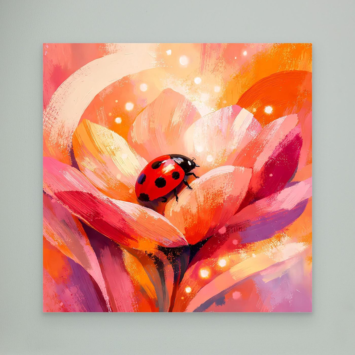 Leinwandbild ohne sichtbaren Rahmen: Marienkäfer auf Blüte, orange-rosa Farbverläufe