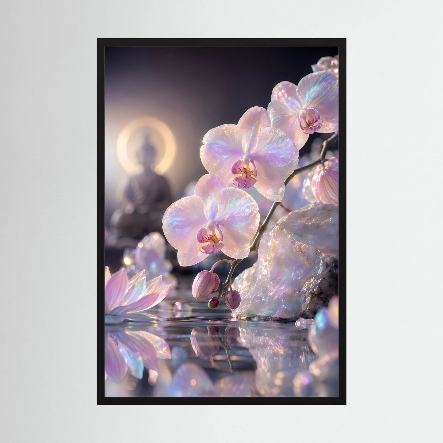 Hochformat-Poster mit Perlmutt-Orchideen, schlichter schwarzer Rahmen