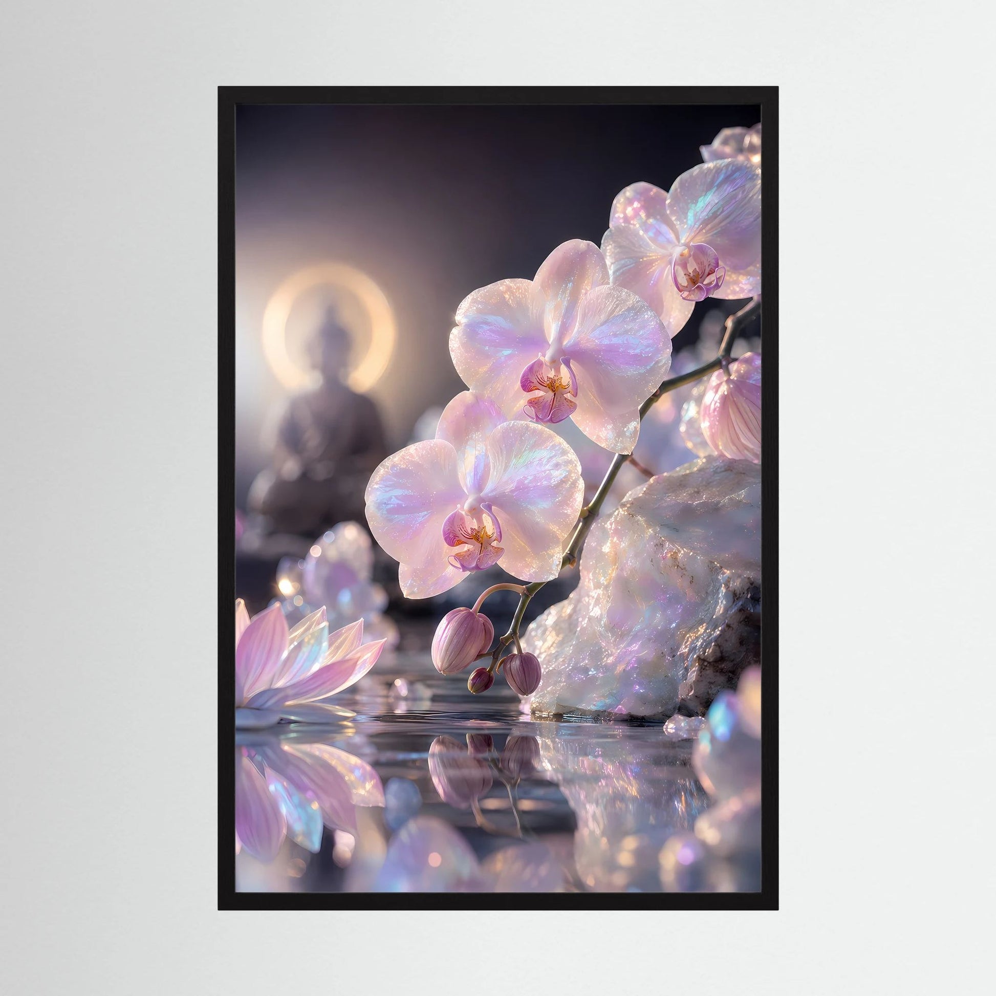 Hochformat-Poster mit Perlmutt-Orchideen, schlichter schwarzer Rahmen