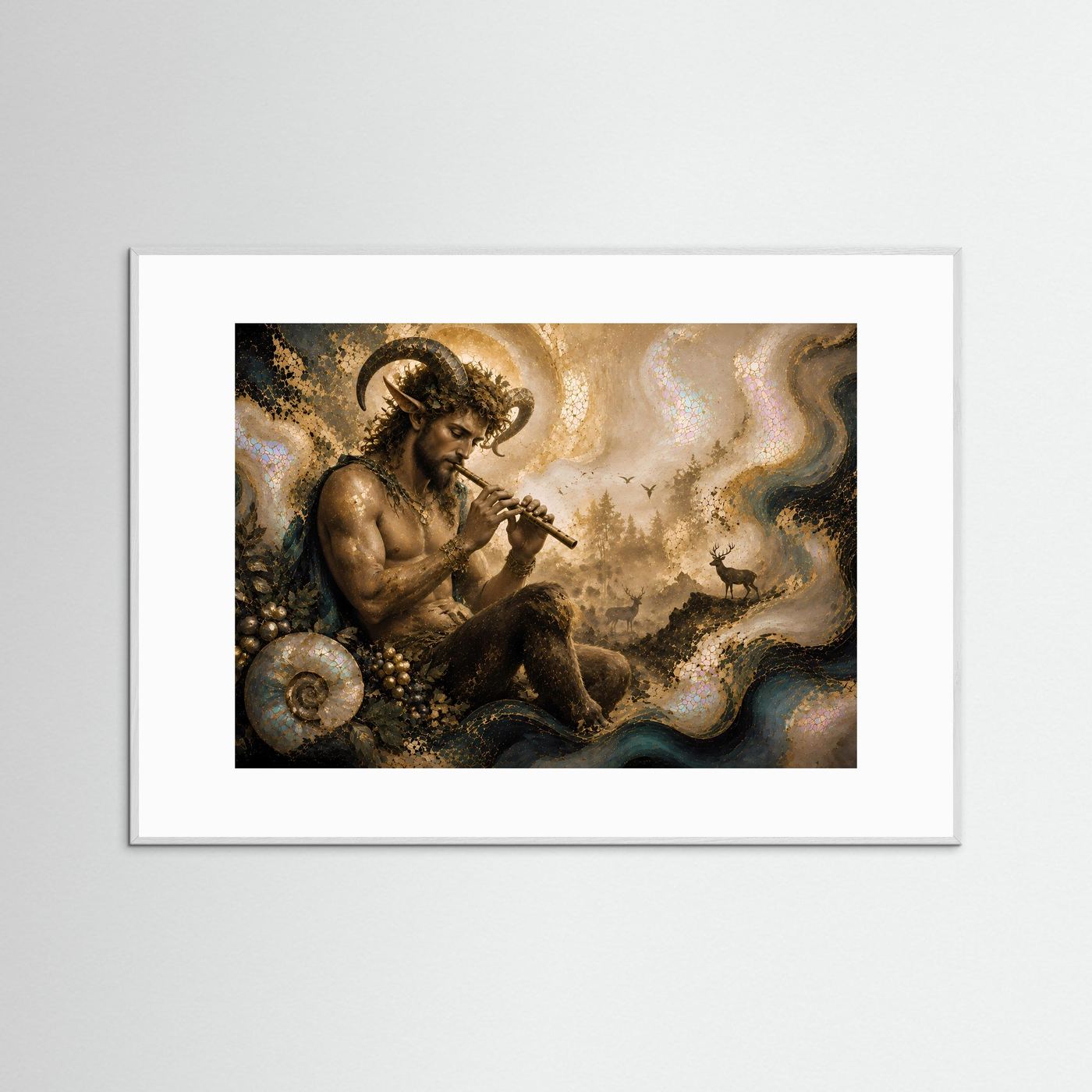 Pan mit Flöte im mystischen Wald | Griechische Mythologie Kunst in Gold & Perlmutt