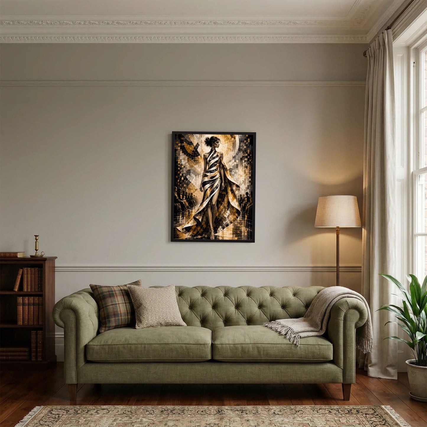 Wandposter mit Portrait einer Frau in goldschwarzem Look, Mosaiksteine, schwarz gerahmt.