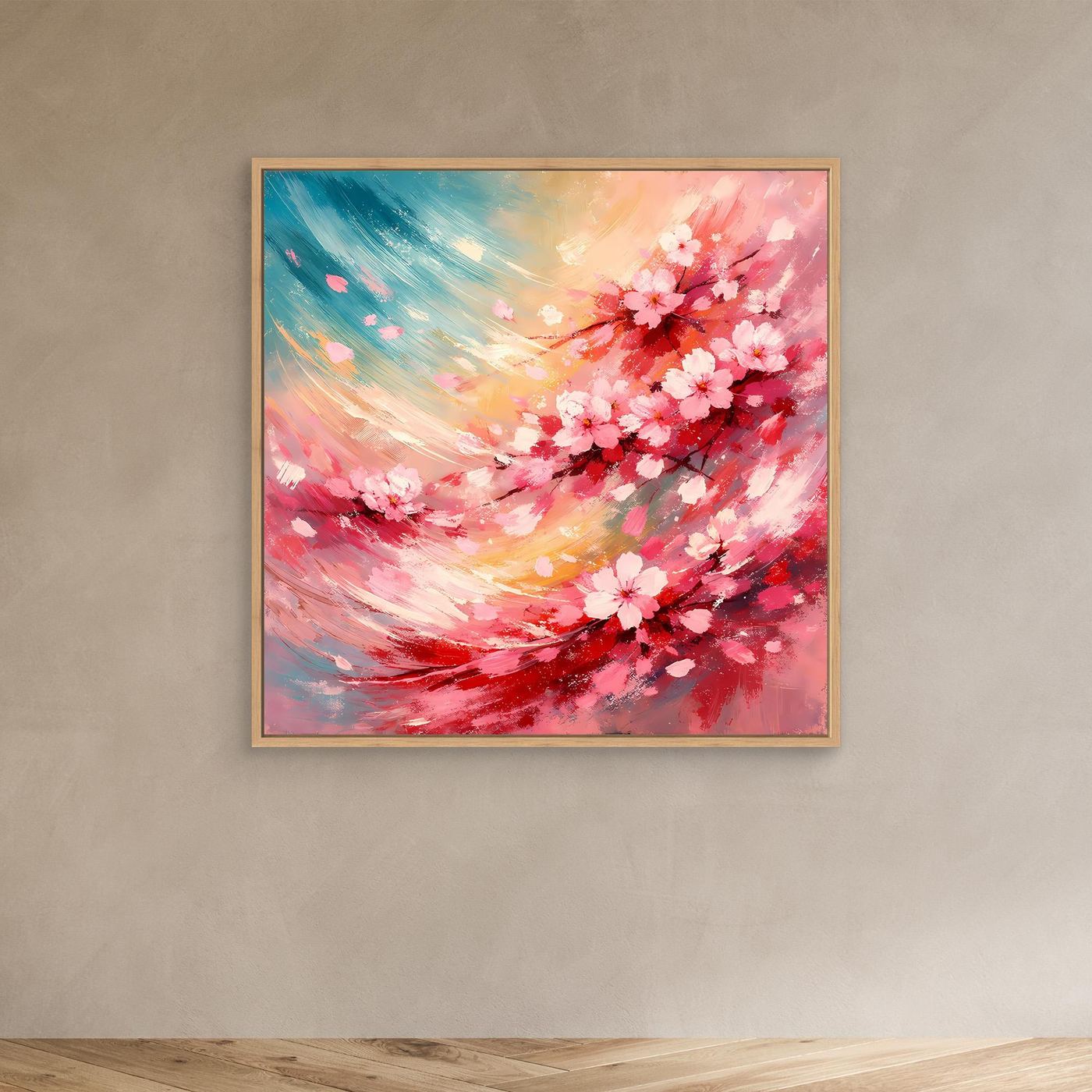 Leinwandbild mit abstrakten Kirschblüten in Rosa und Türkis, Holzrahmen Eiche