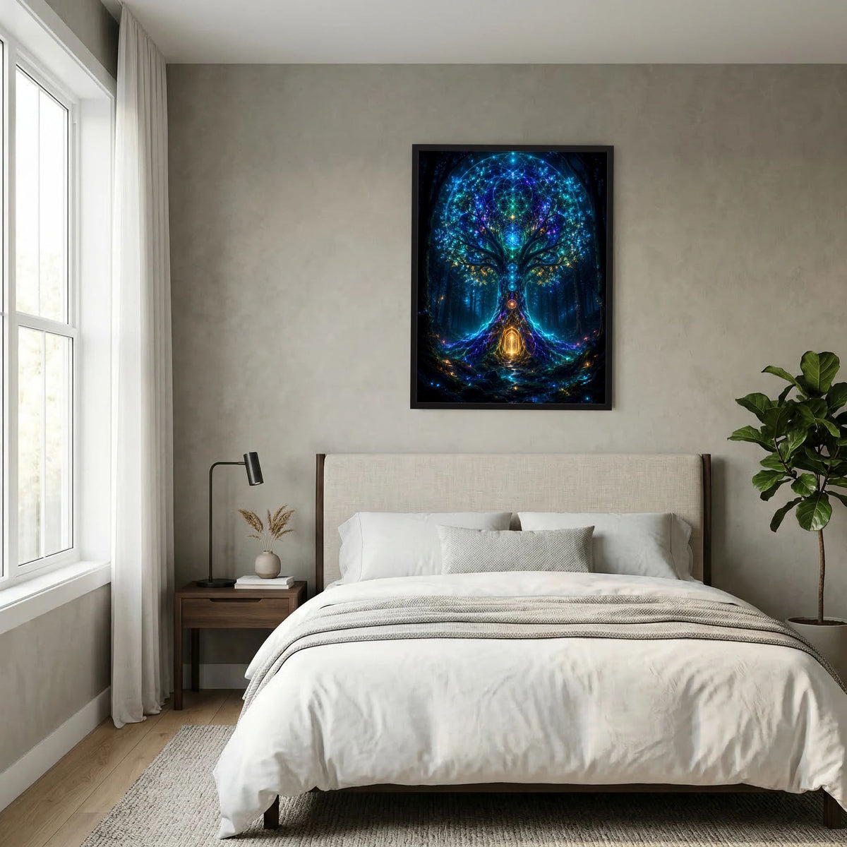 Poster im schwarzen Rahmen über dem Bett: blau leuchtender Baum mit goldenem Licht