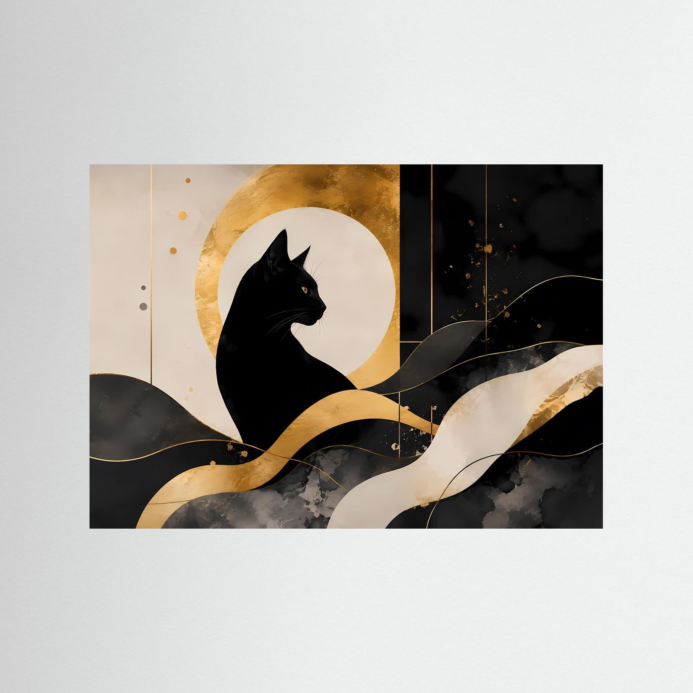 Schwarze Katze vor goldenem Mond | Abstrakte Katzenkunst in Schwarz & Gold