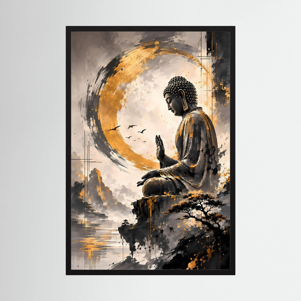 Zen-Poster mit sitzendem Buddha im goldenen Kreis, schwarzer Rahmen