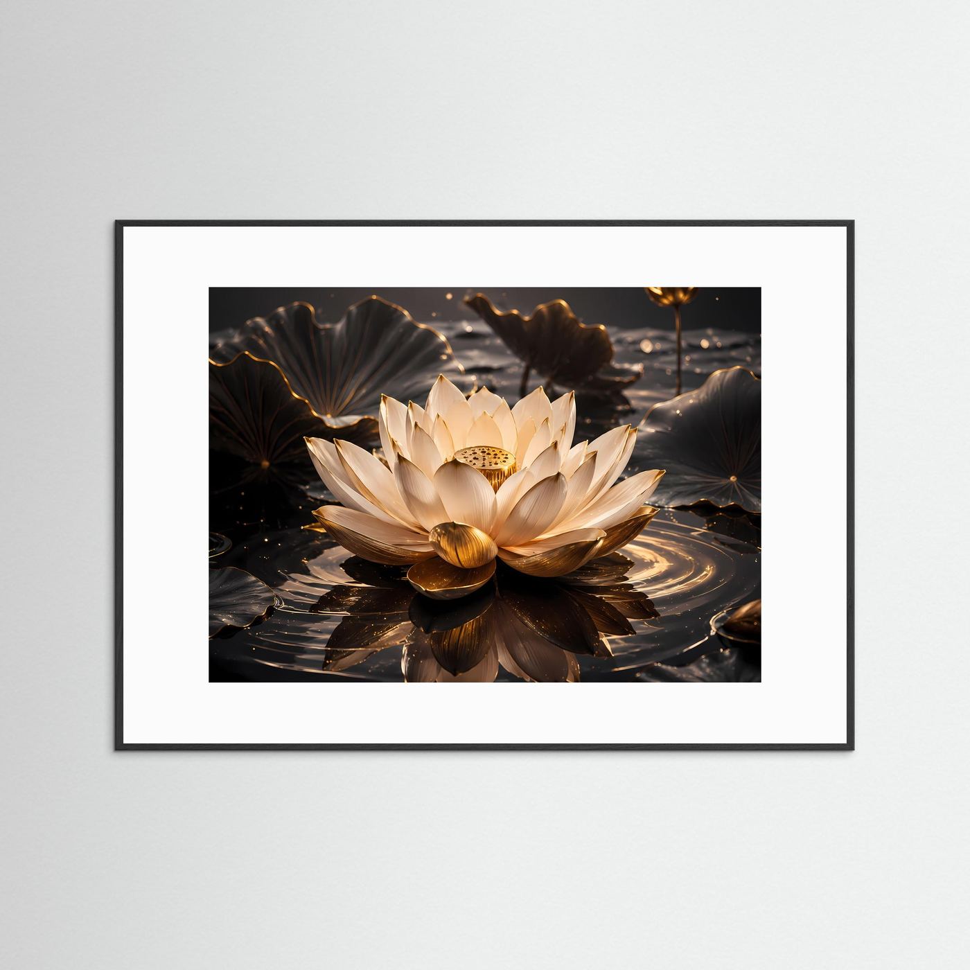 Edle Lotosblüte im goldenen Wasser | Spirituelle Kunst & Zen Poster Querformat