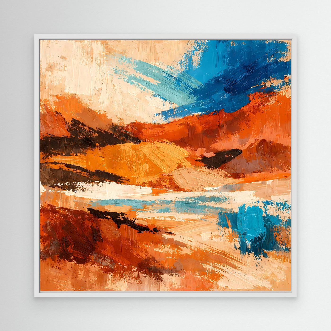 Gerahmtes Leinwandbild mit abstraktem Wüstenmotiv, Orange und Blau, weißer Rahmen