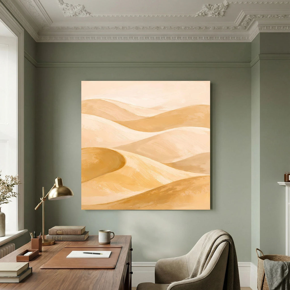 Quadratisches Leinwand-Wandbild mit abstrakten Wüstendünen in Beige und Ocker, im Rahmen