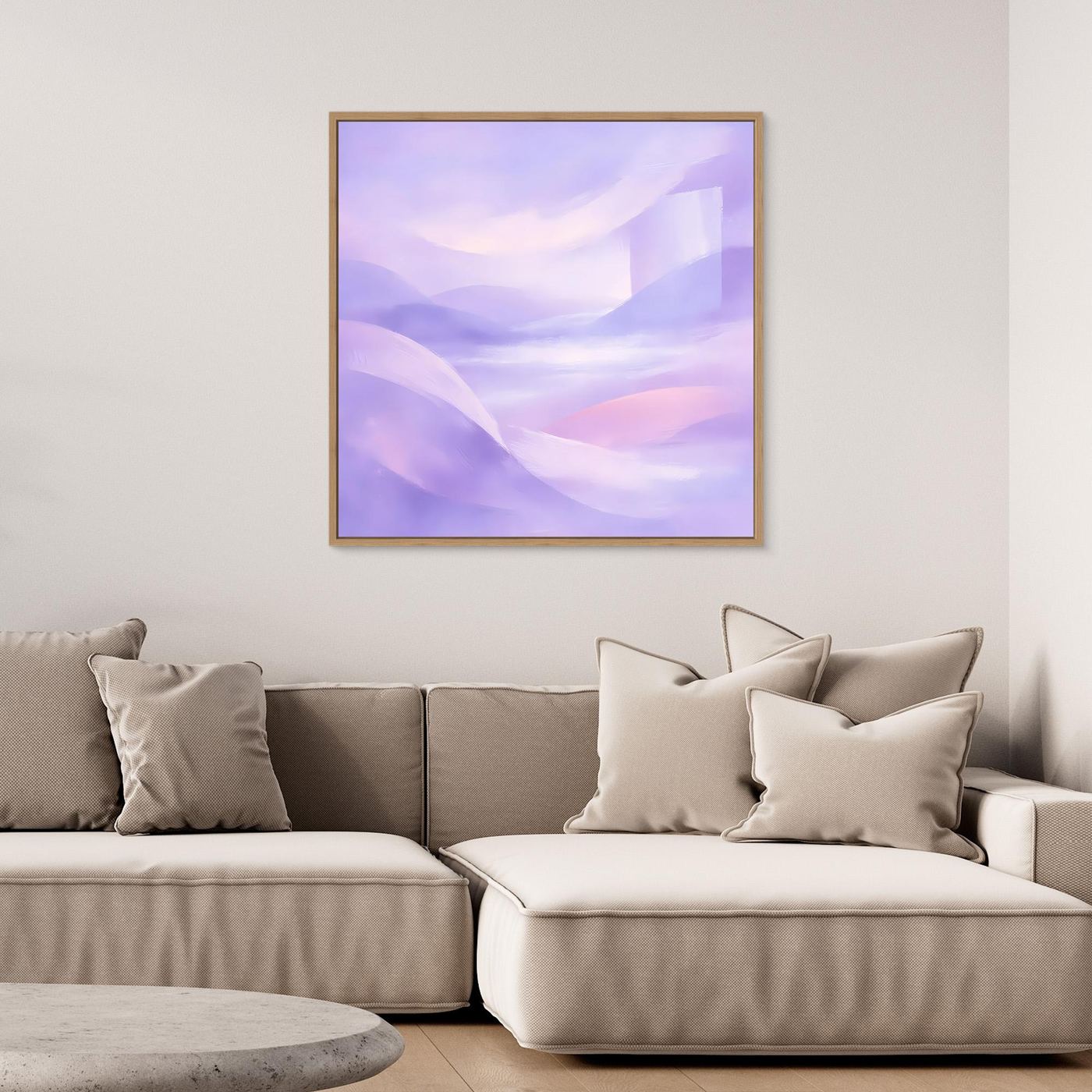 Leinwandbild mit abstraktem Pastellmotiv in Violett und Rosa, mit Holzrahmen