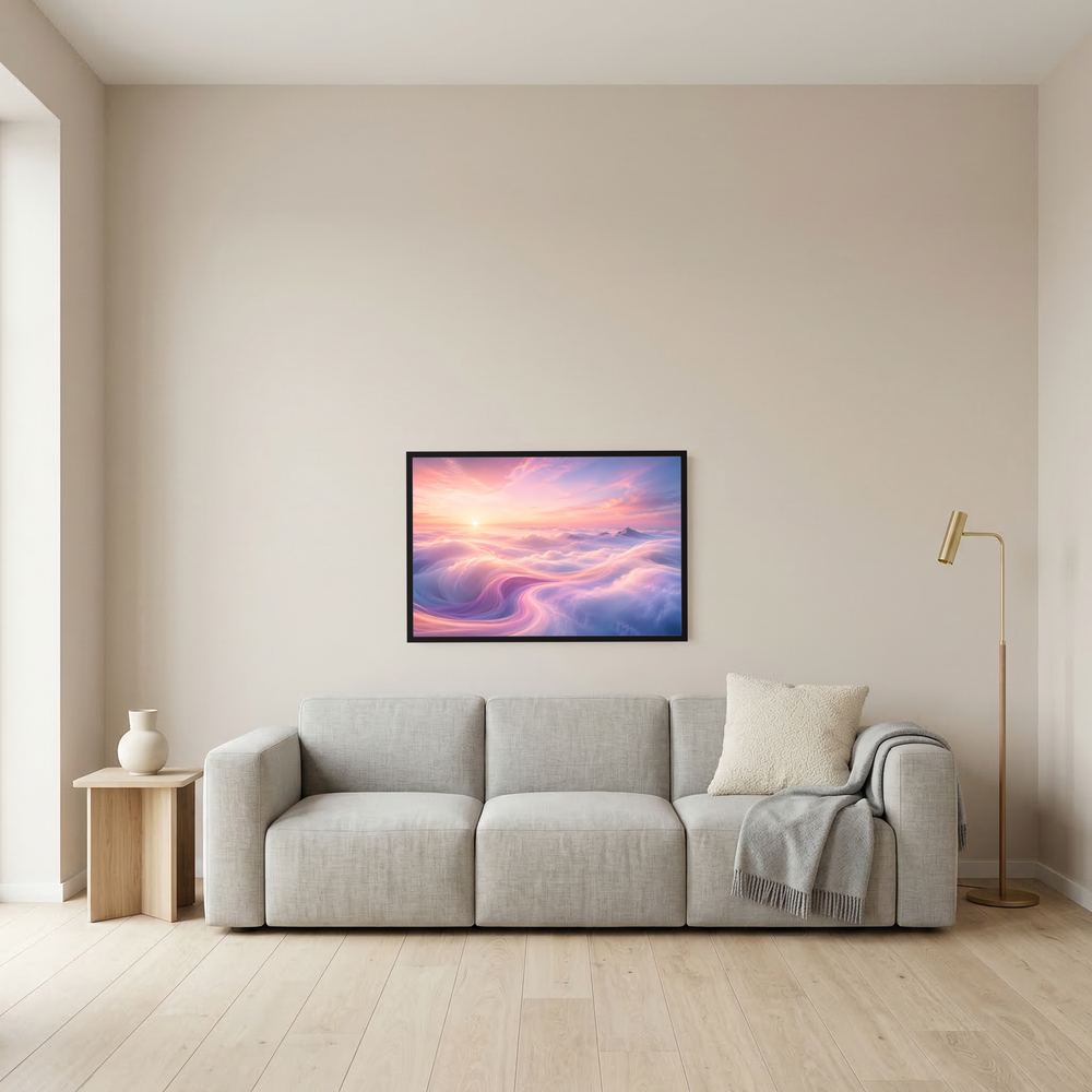 Kleines gerahmtes Querformat-Poster mit schwarzem Rahmen und Sonnenaufgang über Wolken