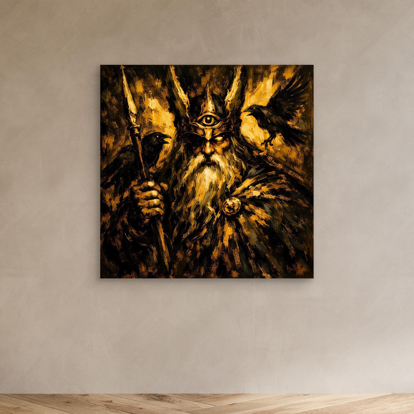 Leinwand Mythischer Allvater Odin in Goldoptik | Abstraktes Wikinger Götter Wandbild