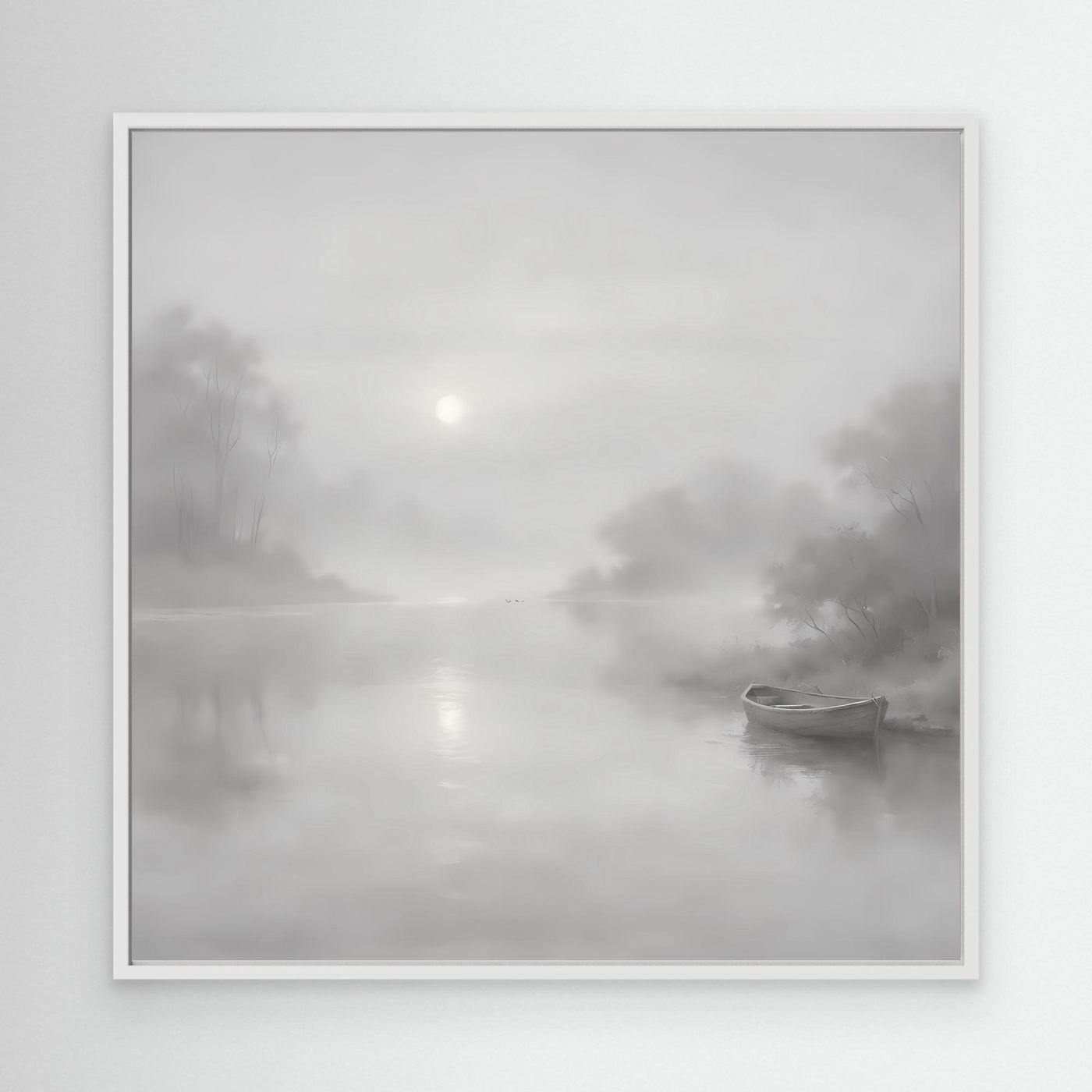 Leinwandbild mit nebligem Flussmotiv in Grau, quadratisch, weißer Rahmen