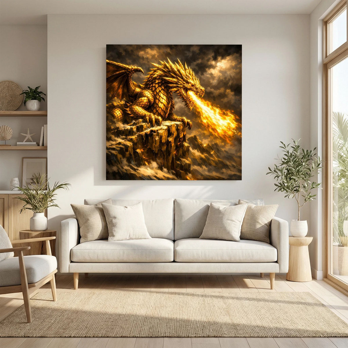 Fantasy-Leinwandbild mit goldenem Drachen, Flammenstrahl aus dem Maul über Felsen, gerahmt