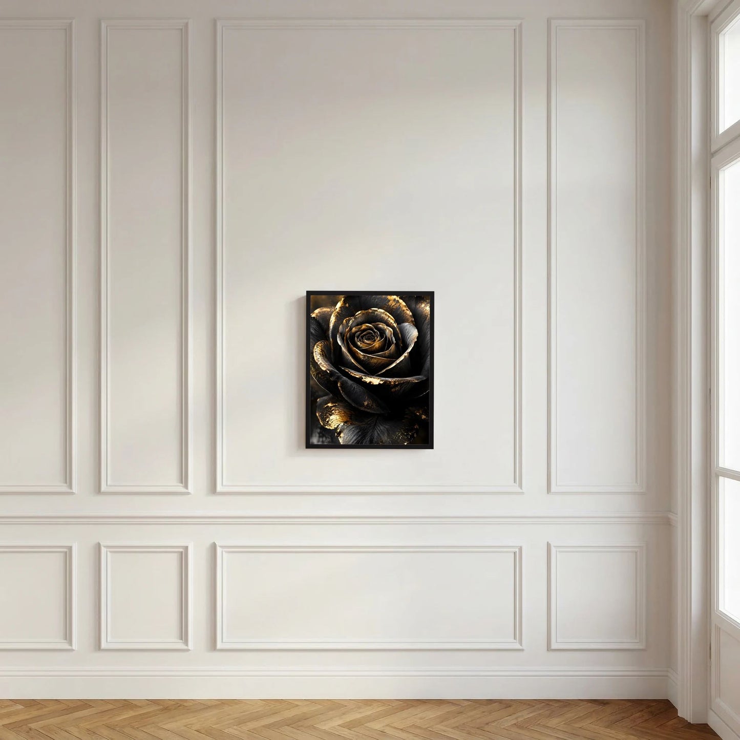 Gerahmtes Kunstposter mit schwarzer Rose und goldenen Details