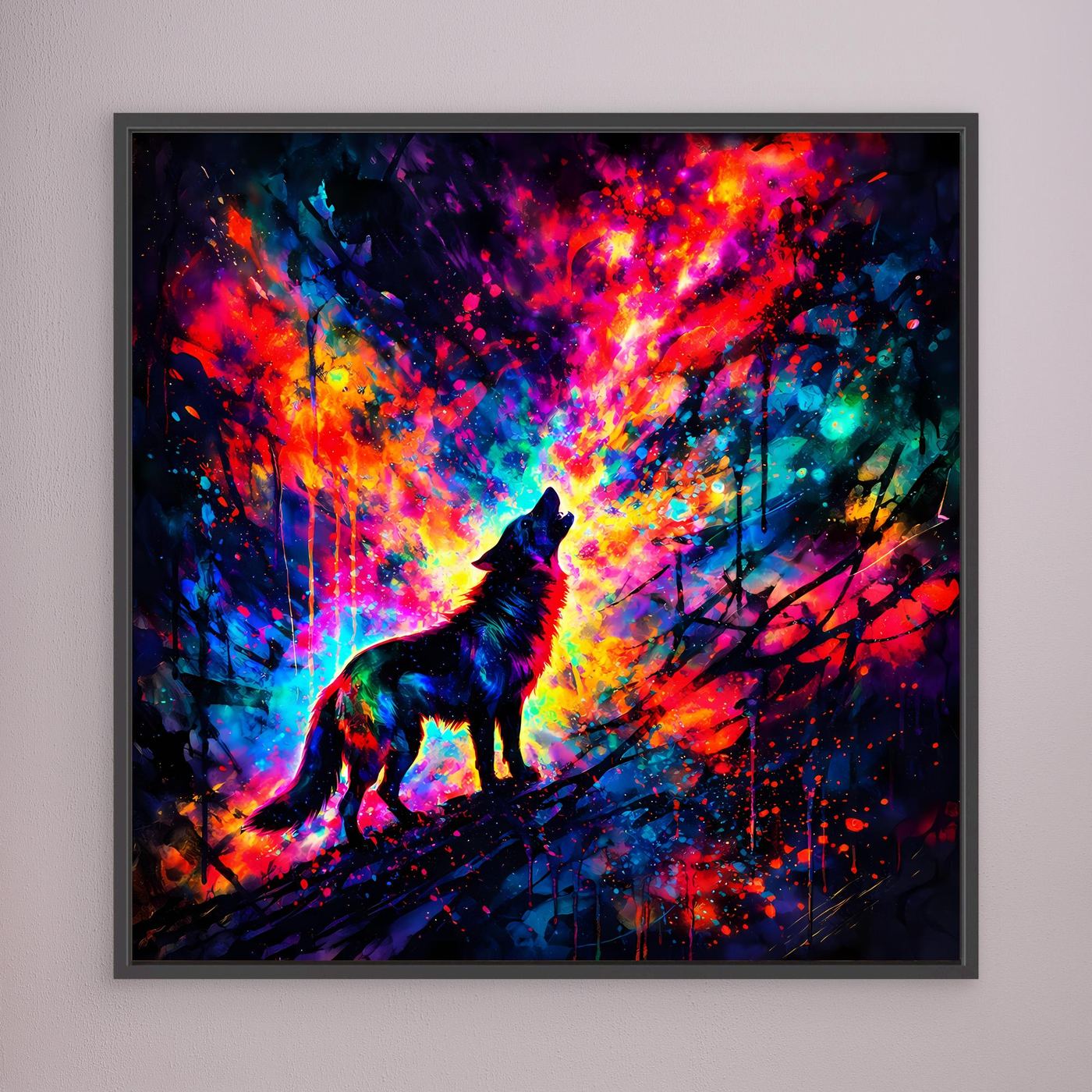 Leinwandbild: heulender Wolf farbig, dunkelgrauer Rahmen, abstrakter Hintergrund mit Farbverlauf