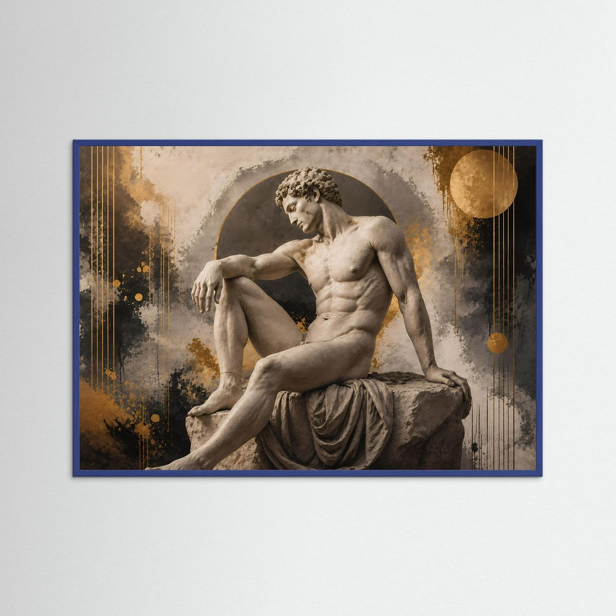 Poster mit antiker männlicher Sitzstatue, im blauen Rahmen.