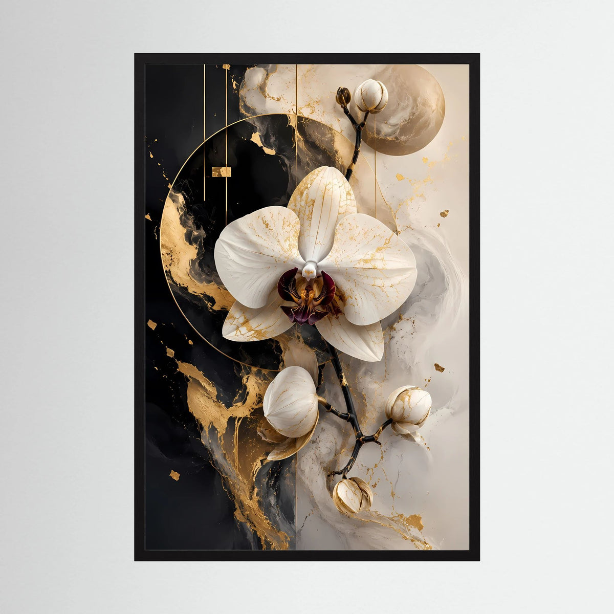 Hochformatiges Poster mit weißer Orchidee in Schwarz und Gold, schwarzer Rahmen.