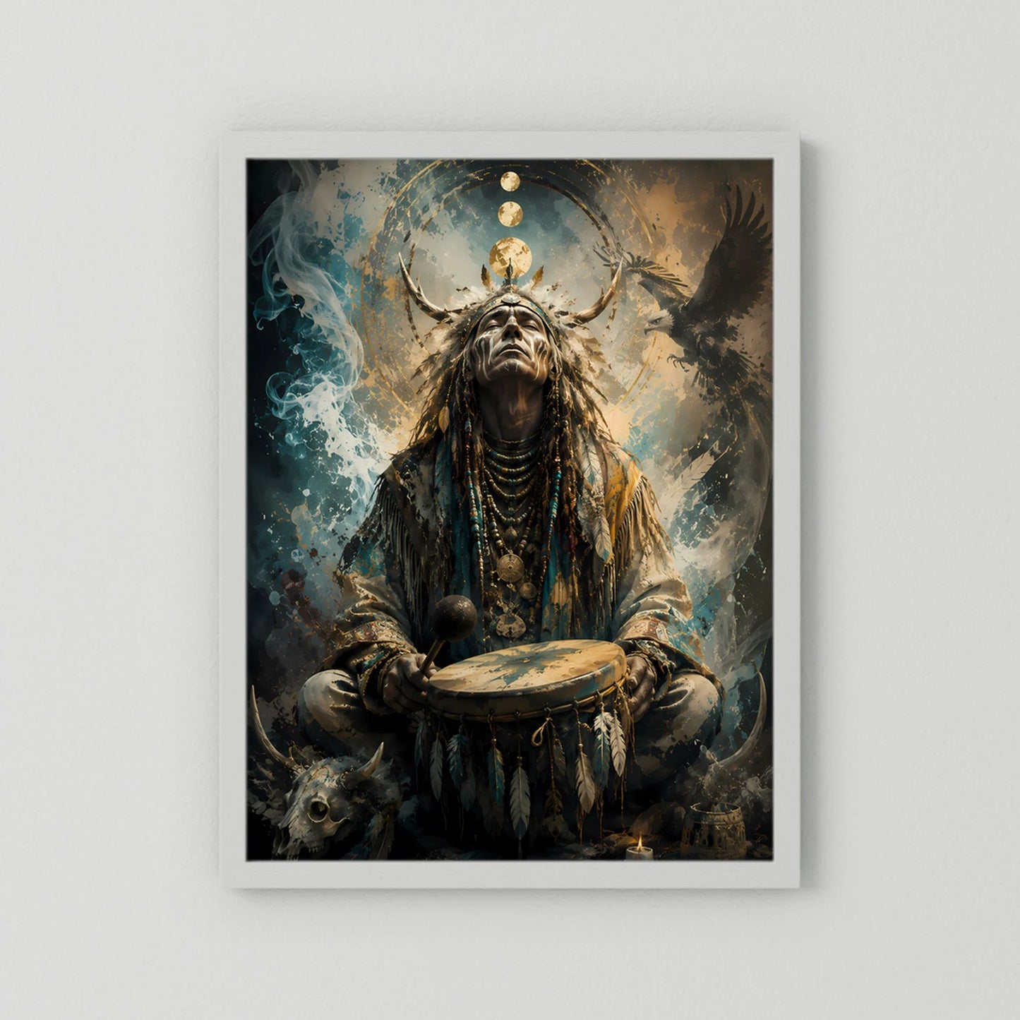 Hochformatiges Kunstposter: Schamane mit Trommel und Adler, gold-blau, weiß gerahmt
