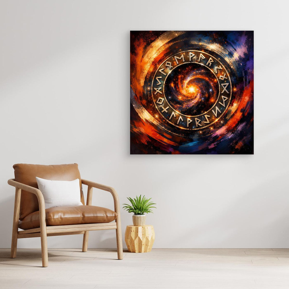 Gerahmtes Leinwandbild mit kosmischem Runenkreis, schwarzer Rahmen