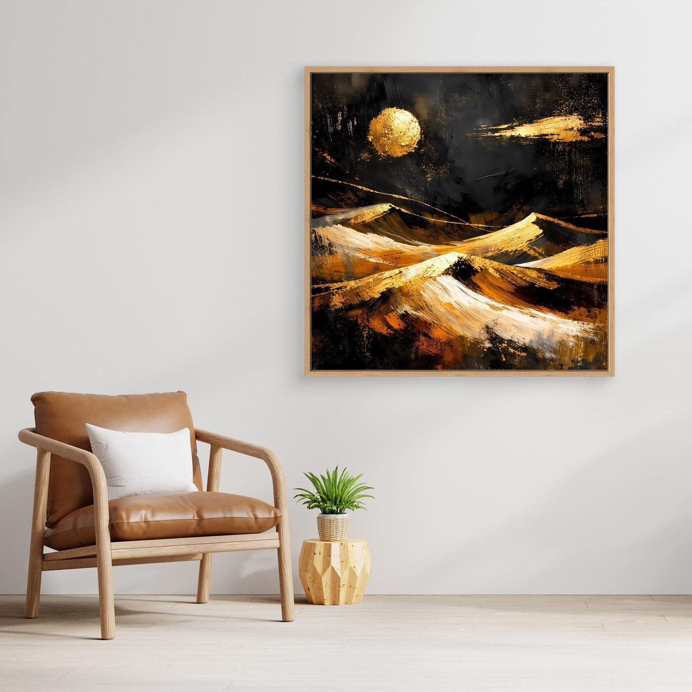 Leinwand Goldene Wüstenlandschaft bei Nacht | Abstraktes Dünen Wandbild Modern