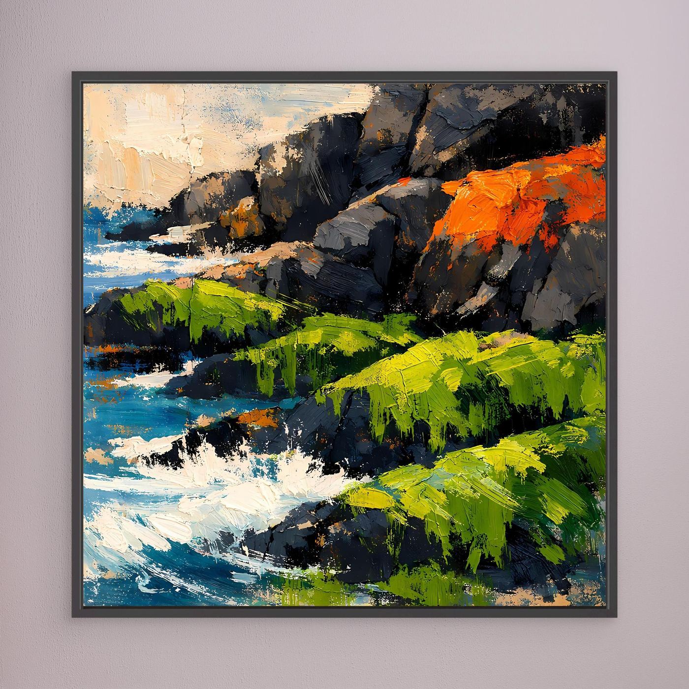 Abstraktes Leinwandbild mit Küstenfelsen, blauem Wasser und grünen Flächen im schwarzen Rahmen