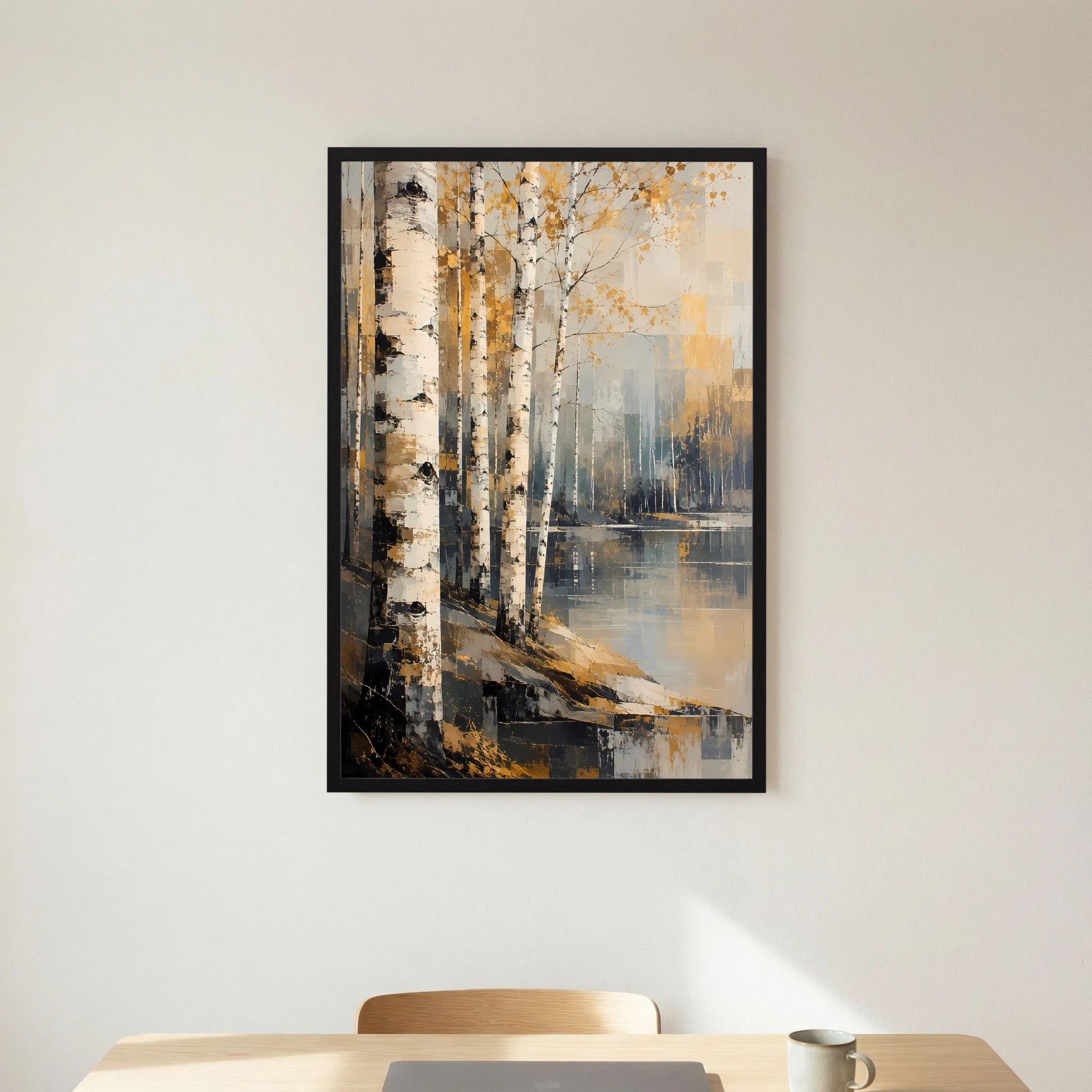 Poster im Hochformat mit abstraktem Birkenwald, Gold/Beige und grauen Wasserflächen, schwarz
