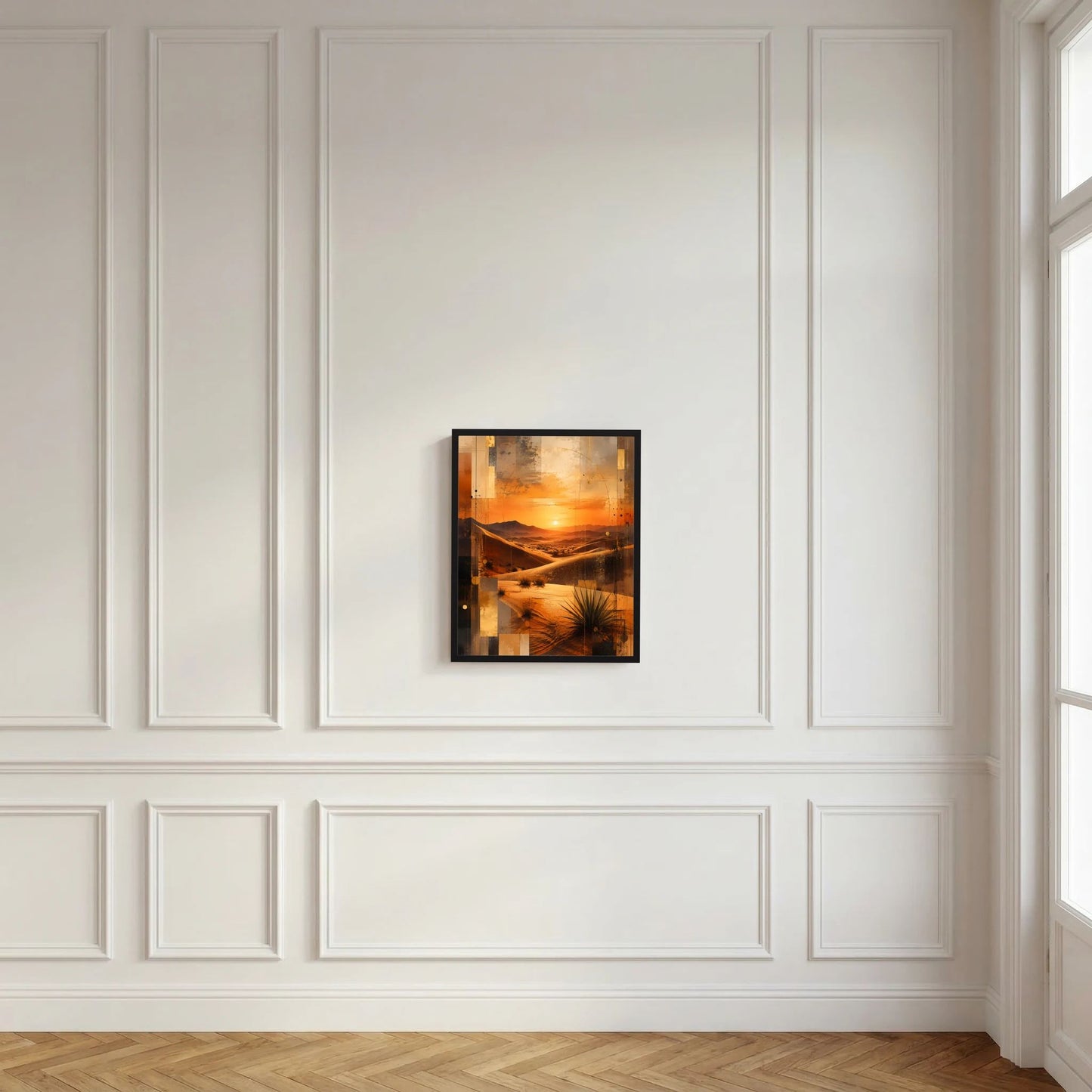Gerahmtes Wandposter im Hochformat: abstrakte Wüste bei Sonnenuntergang, orangefarbener Himmel