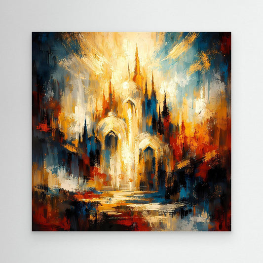 Leinwandbild „Goldene Kathedrale“: abstrakte Architektur in Blau-Gold mit Rotakzenten, ohne Rahmen