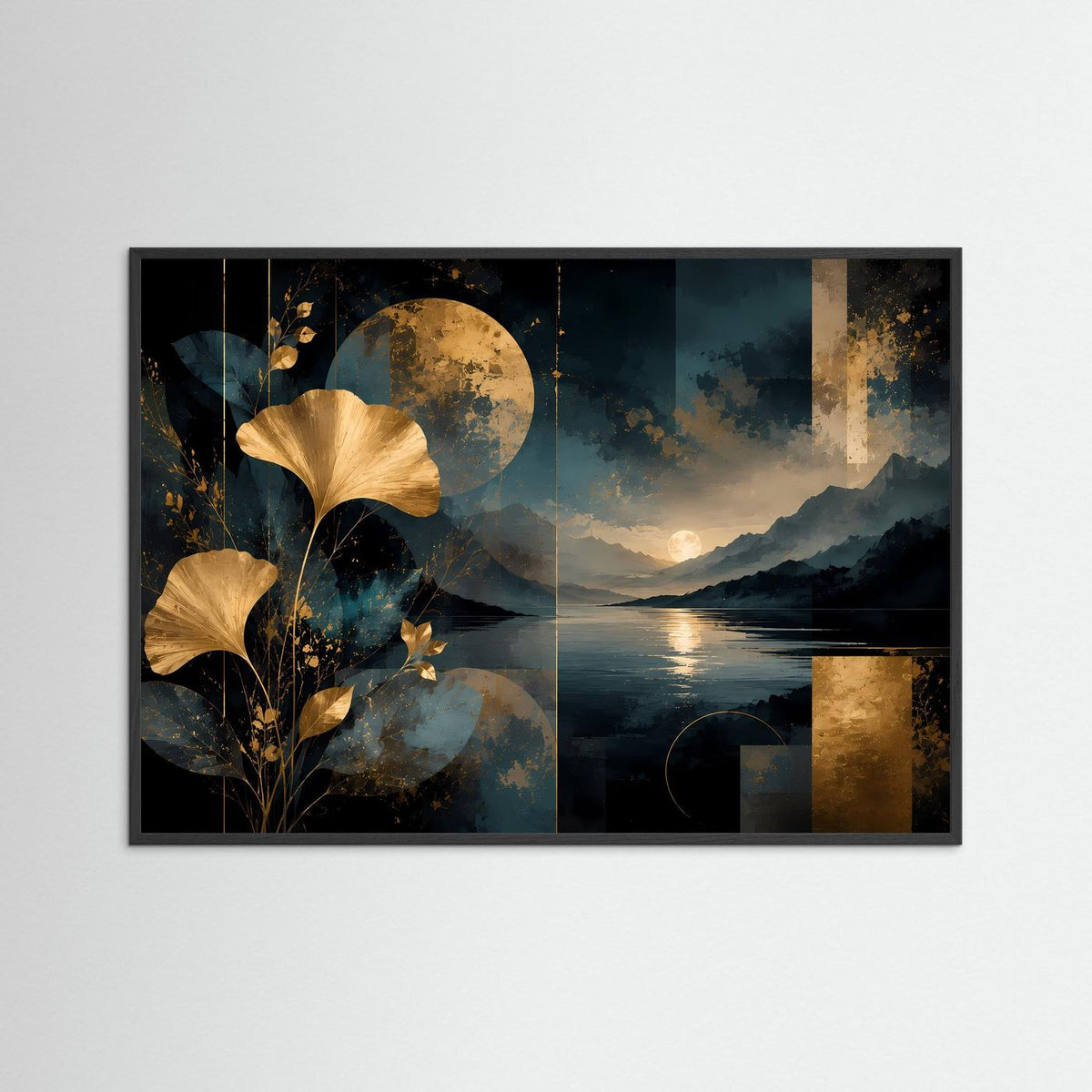 Abstraktes Naturkunst-Poster mit goldenen Ginkgo-Blättern, dunklen Bergen und Bergsee im Querformat