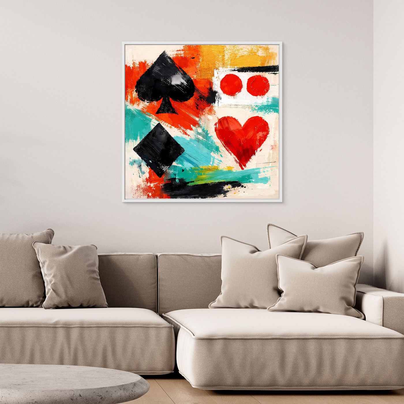 Abstract canvas wall art with spade and heart shapes, white-framed.