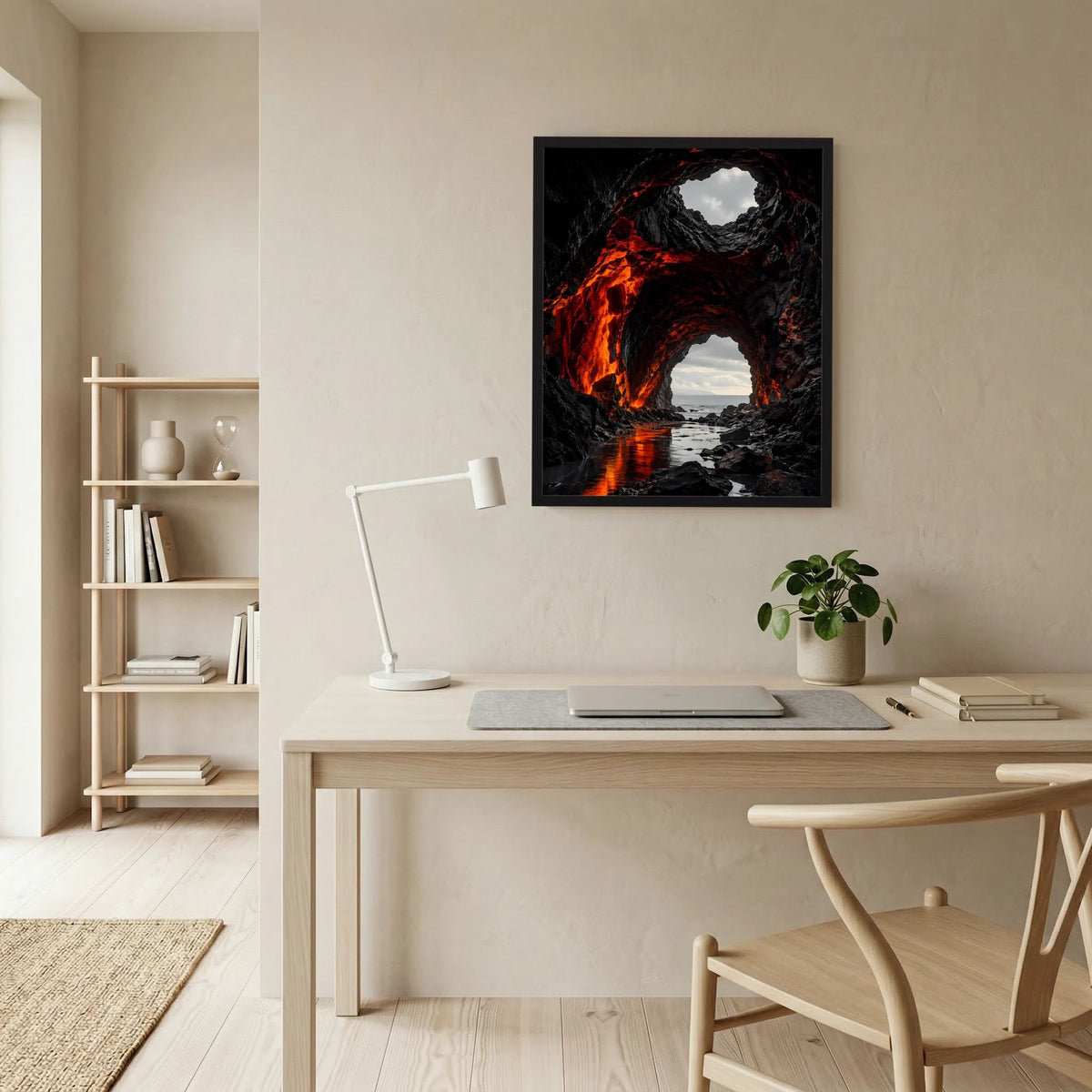 Gerahmtes Hochformat-Poster: Lavarot glühende Vulkanhöhle über ruhigem Meer und Steinen
