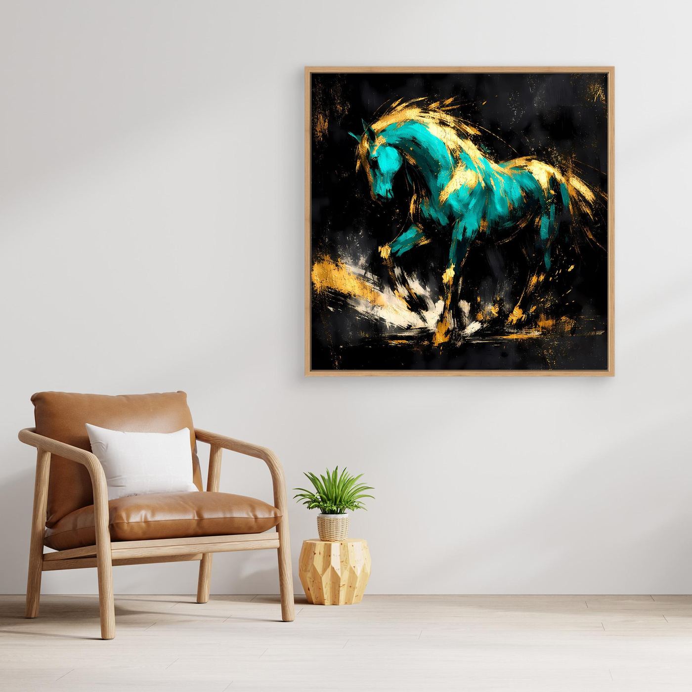 Leinwand Kraftvolles Pferd in Türkis und Gold | Modernes Abstraktes Wildtier Wandbild