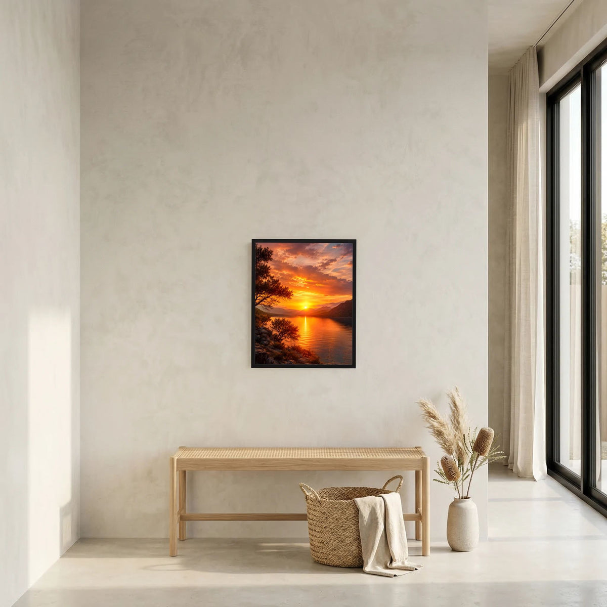 Hochformat-Poster im schwarzen Rahmen mit Sonnenuntergang über See und Bergen