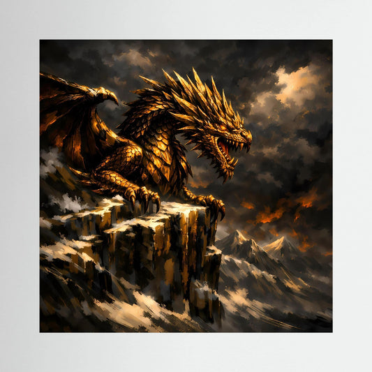 Keilrahmen-Wandbild: goldener Drache auf Felsgipfel, fliegende Wolken im Hintergrund