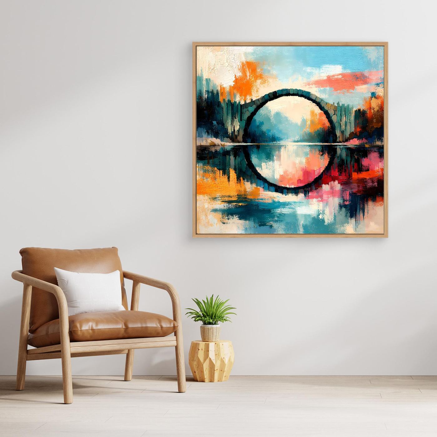 Premium Leinwand Mystische Kreisbrücke im Wasser | Abstraktes Natur Wandbild farbenfroh