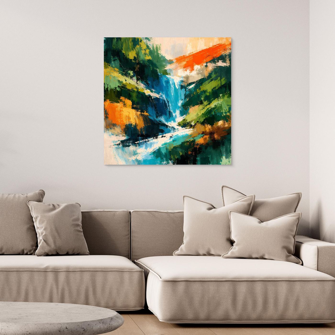 Abstraktes Leinwand-Wandbild mit Wasserfall-Motiv, ohne sichtbaren Rahmen