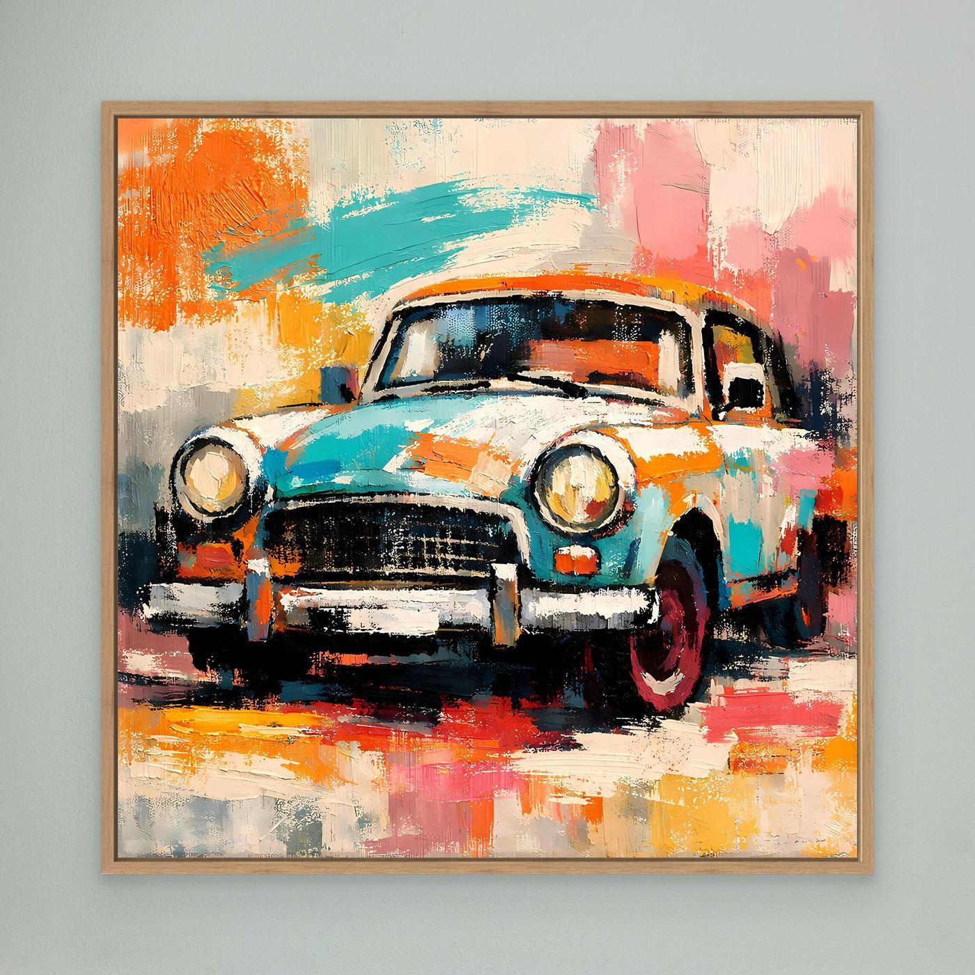 Abstract vintage car wall art in brown oak frame, teal orange pink brushstrokes