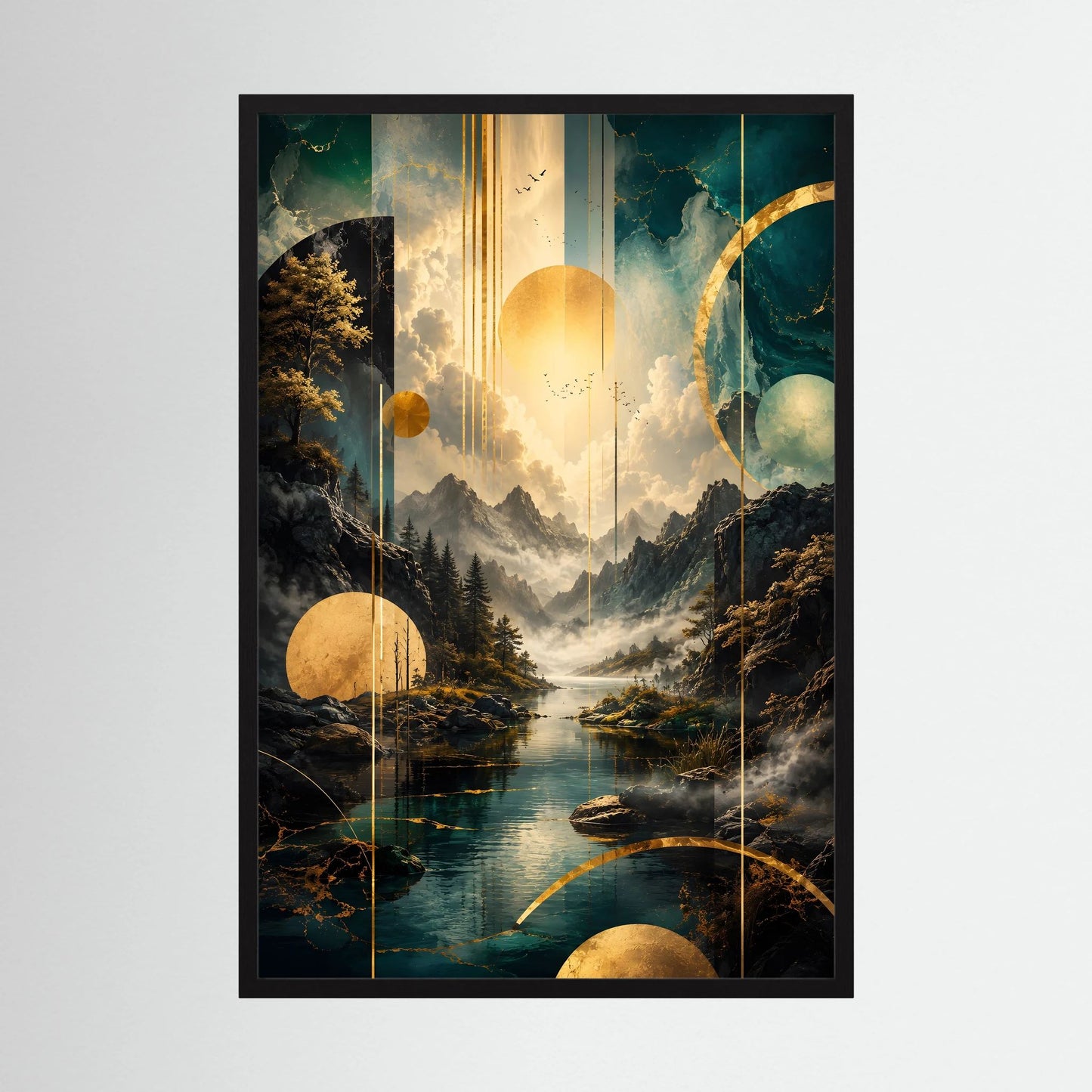 Poster im Hochformat mit schwarzem Rahmen, abstrakte Berglandschaft in Petrol & Gold.