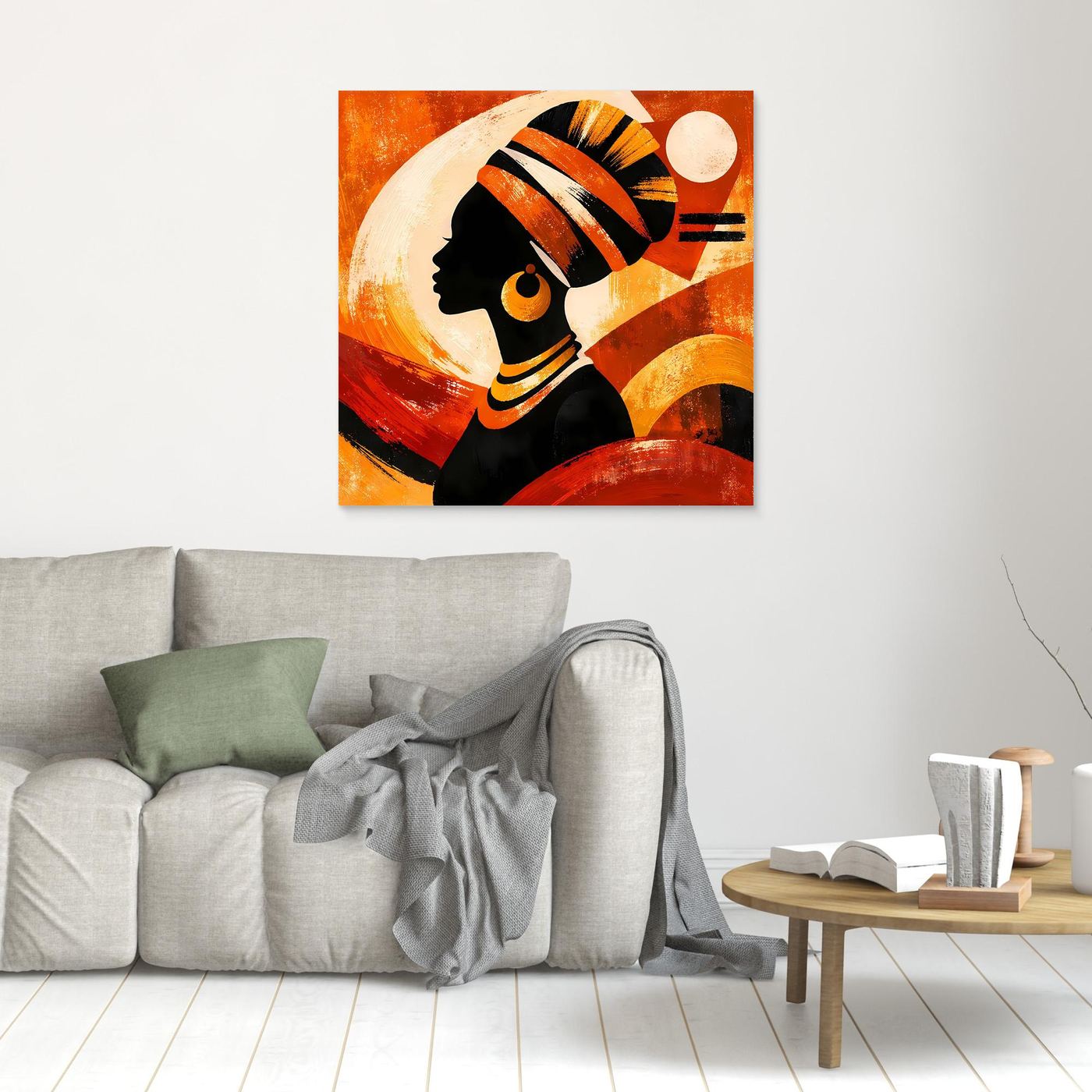 Kleines gerahmtes Leinwandbild an der Wand: Porträt einer Frau, orange-goldene Ethno-Illustration