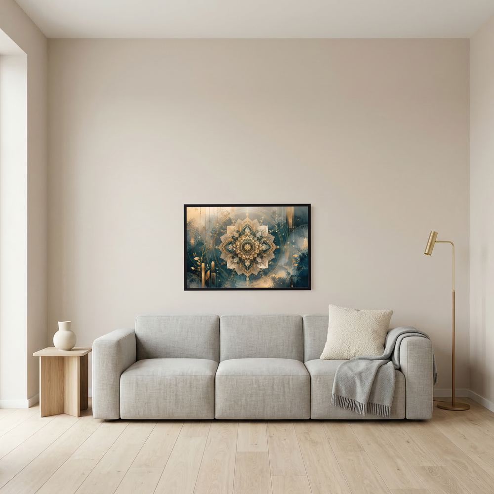 Kleines gerahmtes Querformat-Poster mit goldener Mandala-Lotus-Geometrie auf petrolfarbenem Motiv