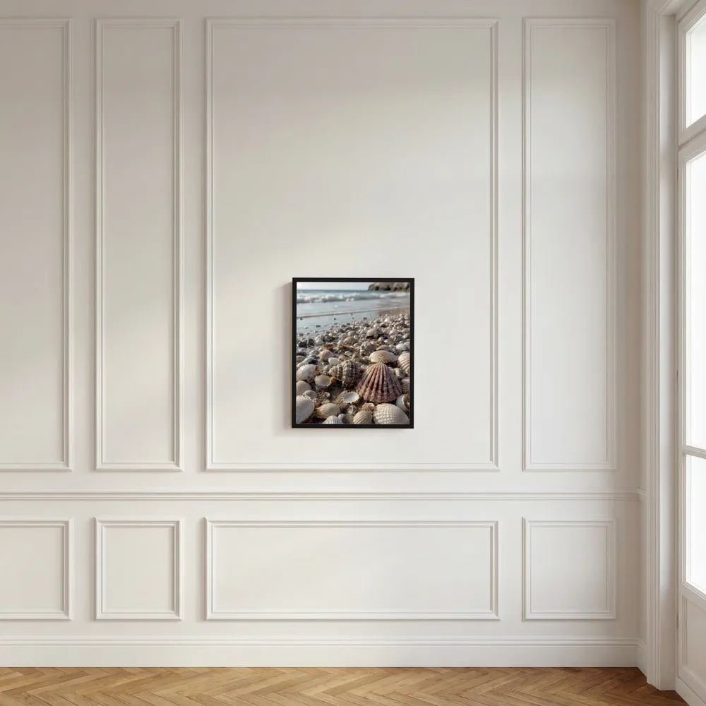 Gerahmtes Poster mit Muscheln am Strand, kontrastierender dunkler Rahmen