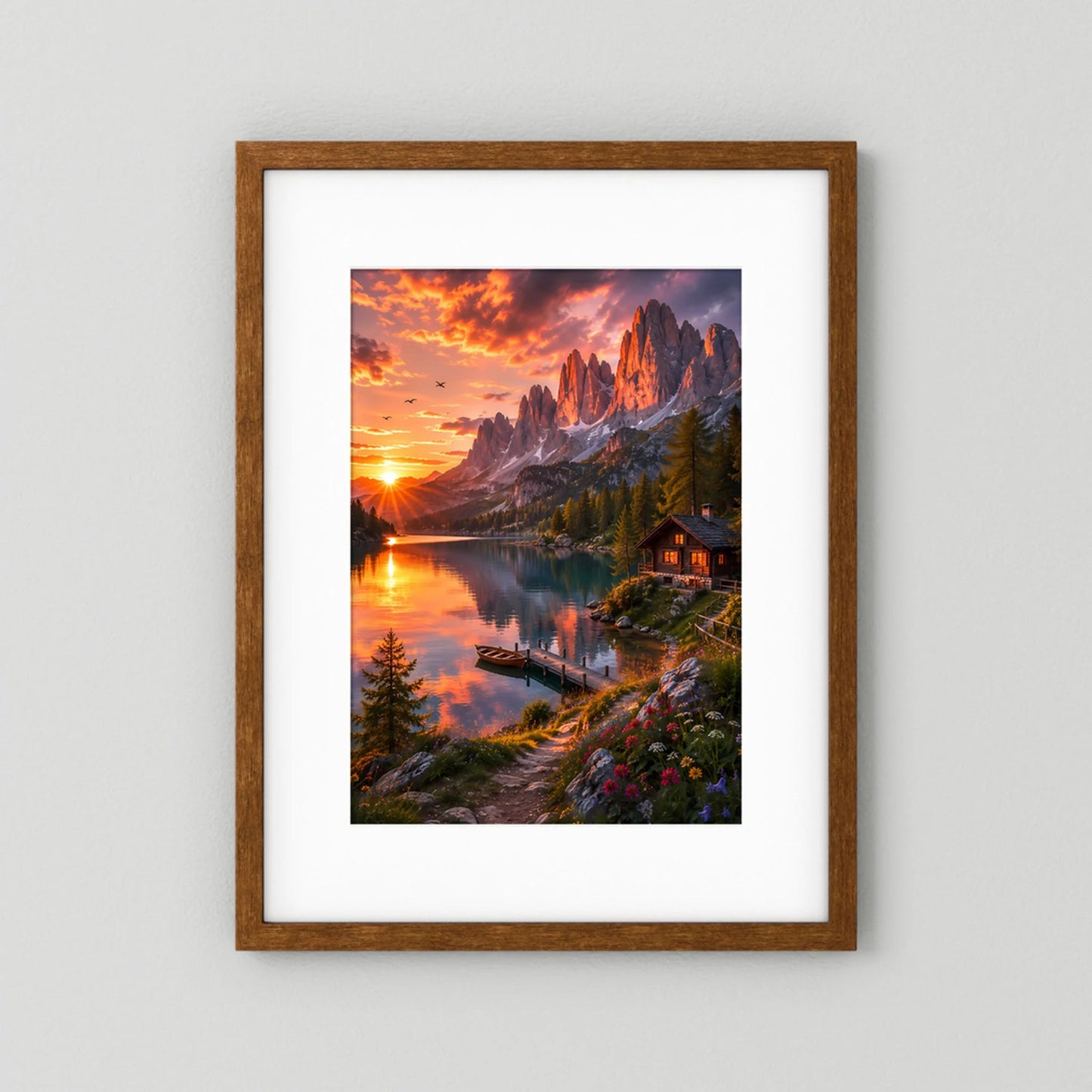 Hochformatiges Poster mit Sonnenuntergang über Bergen, See und Berghütte, Holzrahmen (braun)
