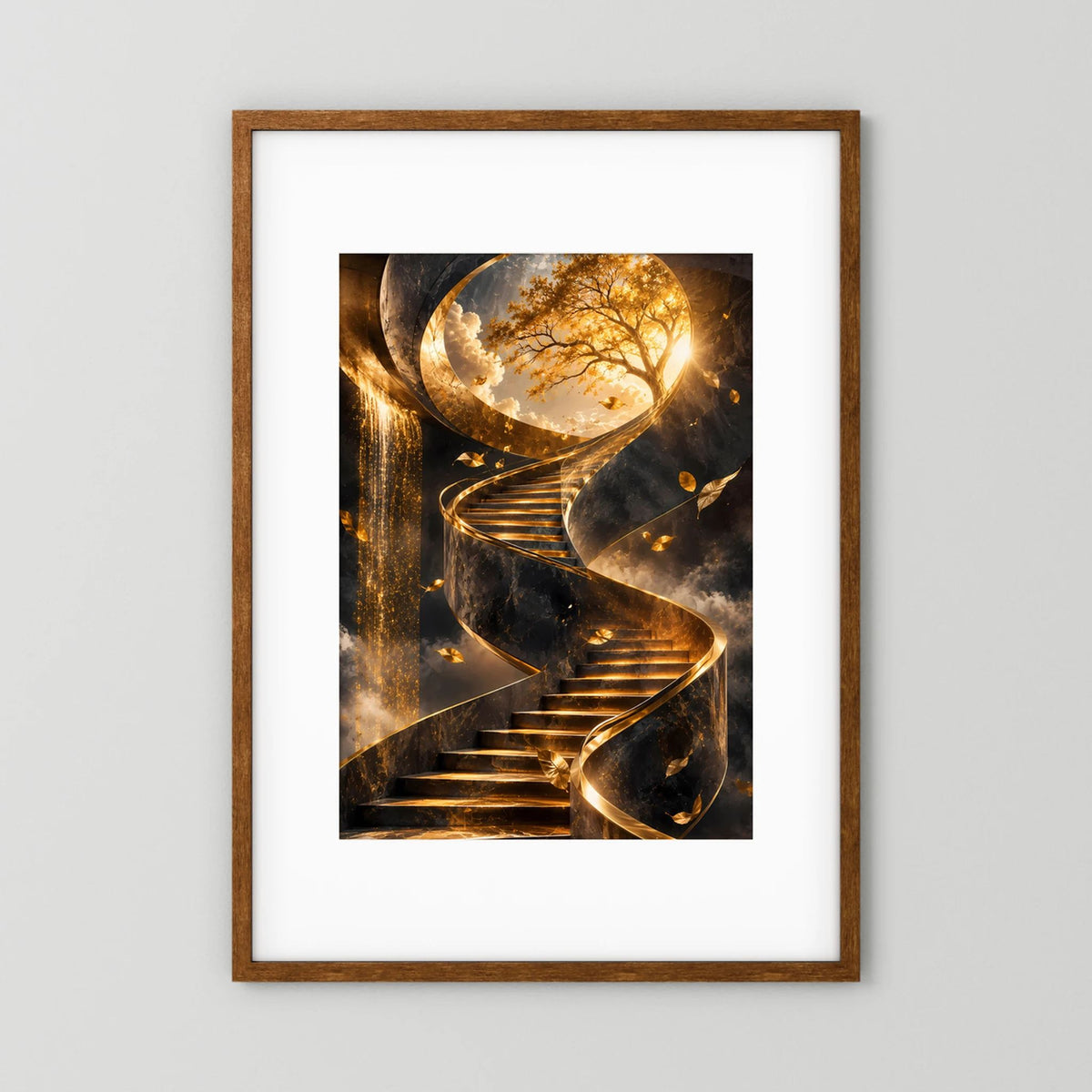 Kunstposter im braunen Holzrahmen: goldene Treppe und Baumkreis im Kreis, Hochformat