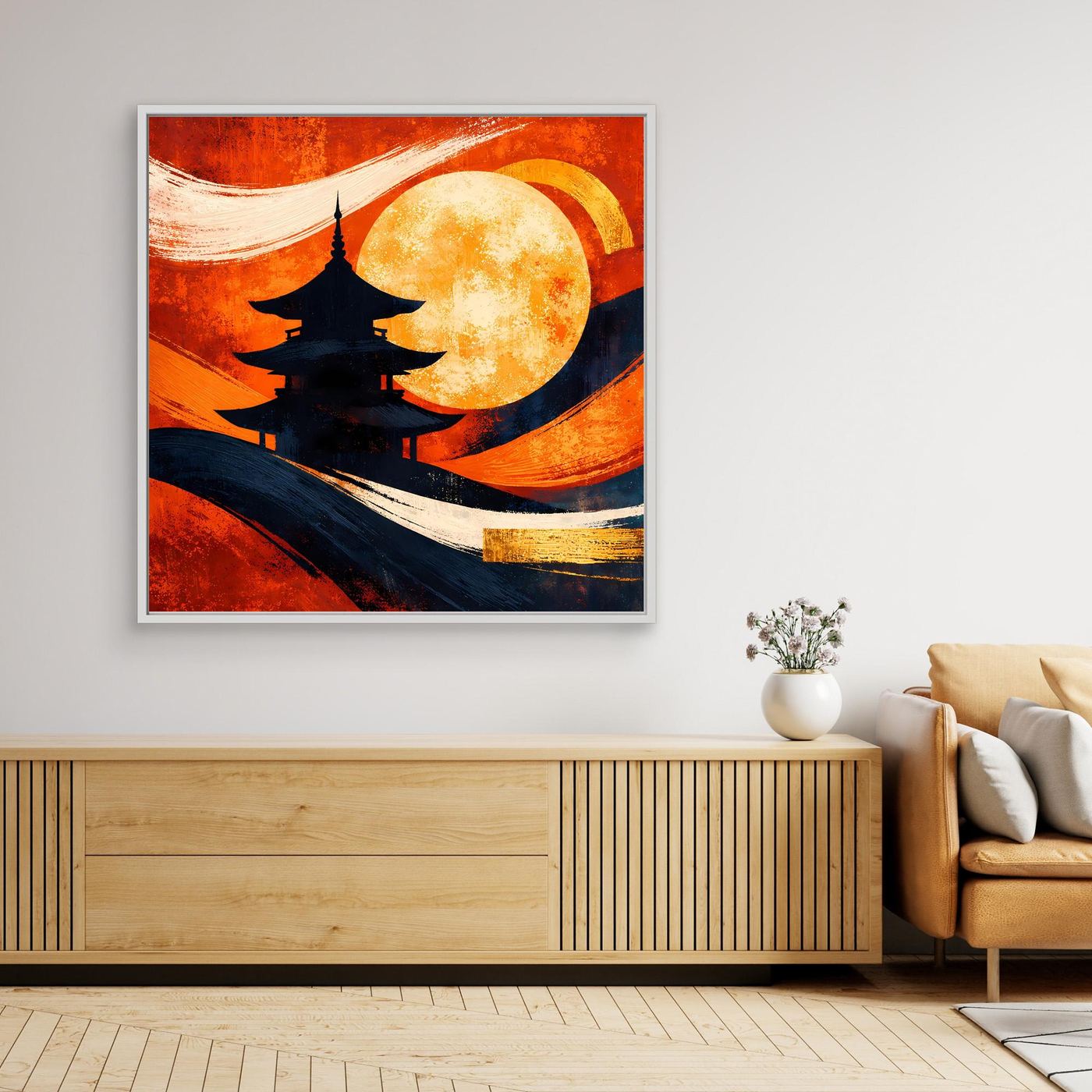 Leinwandbild mit japanischer Pagode und Vollmond, gerahmt in silbergrauem Rahmen