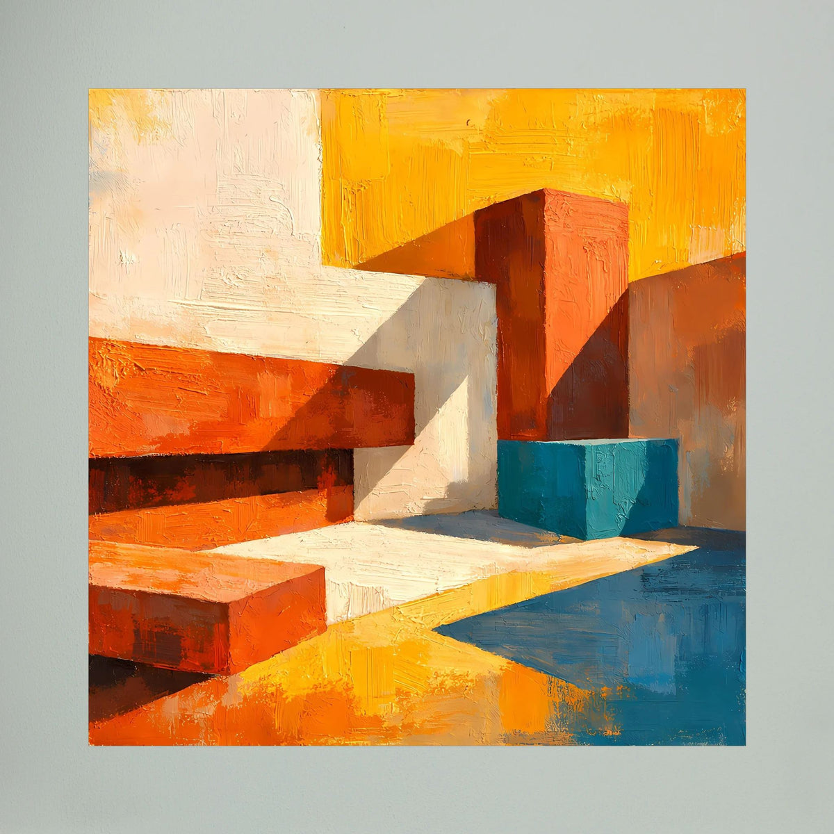 Abstrakte Leinwand mit 3D-ähnlichen Blockformen in Orange, Weiß und Blau